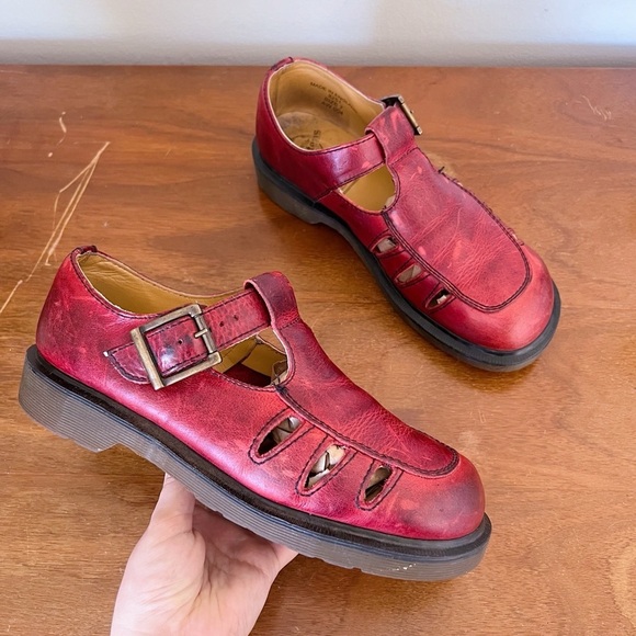 Dr. Martens Shoes - Dr Martens • vintage 8251 t-strap mary janes cutout sandals red leather England